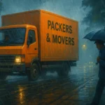 A packers and movers truck driving through heavy monsoon rain in India, with waterlogged roads and protective tarpaulin covering to ensure safe transport of household goods.
