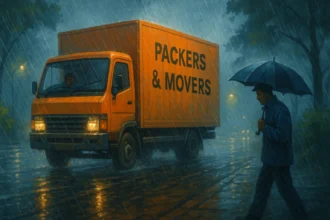 A packers and movers truck driving through heavy monsoon rain in India, with waterlogged roads and protective tarpaulin covering to ensure safe transport of household goods.